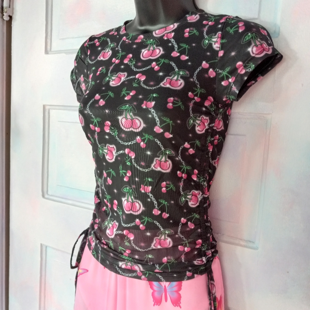 SOLD! Dolls Kill cherries ruched baby doll top! Sheer mesh kawaii cute nwt top! - Picture 5 of 13